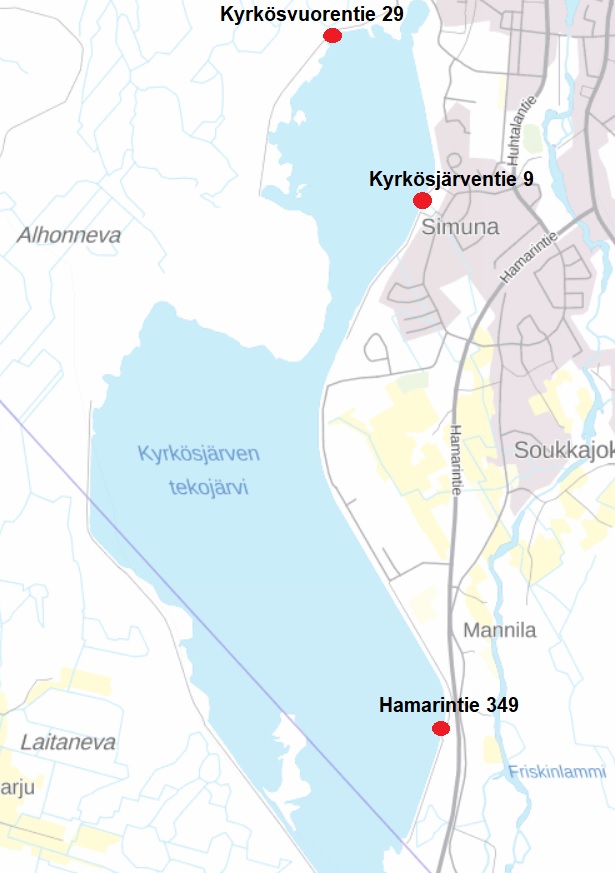 Veneenlaskupaikat: Kyrkösvuorentie 29, Kyrkösjärventie 9 ja Hamarintie 349.